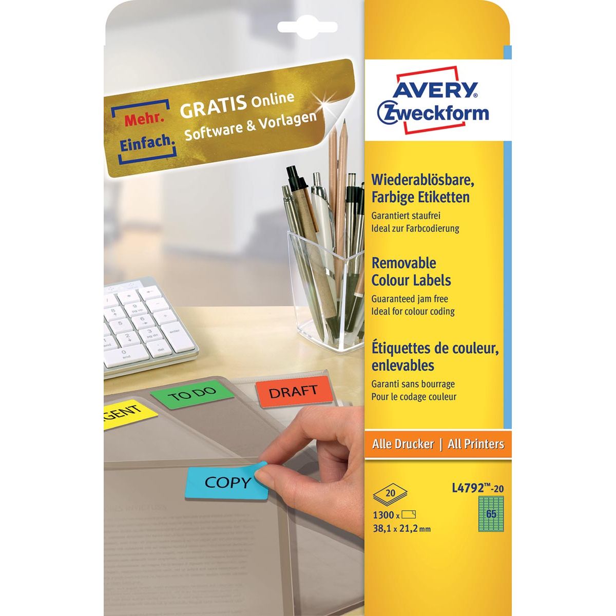 Avery Zweckform - colored labels ft 38.1 x 21.2 mm (w x h), removable, green, 1300 pieces, 65 per sheet