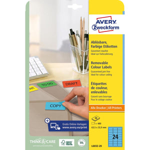 Avery Zweckform -  afneembare gekleurde etiketten ft 63,5 x 33,9 mm (b x h), 480 stuks, 24 per blad, blauw