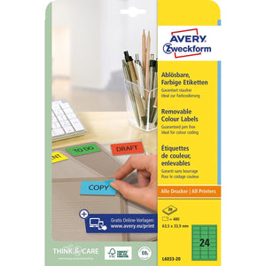 Avery Zweckform – ablösbare farbige Etiketten ft 63,5 x 33,9 mm (B x H), 480 Stück, 24 pro Blatt, grün