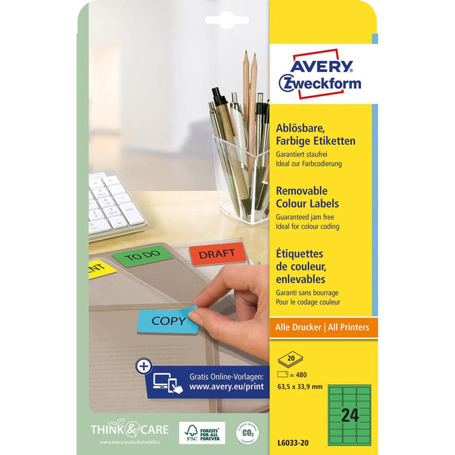 Avery Zweckform – ablösbare farbige Etiketten ft 63,5 x 33,9 mm (B x H), 480 Stück, 24 pro Blatt, grün