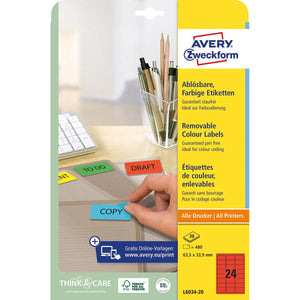 Avery Zweckform -  afneembare gekleurde etiketten ft 63,5 x 33,9 mm (b x h), 480 stuks, 24 per blad, rood