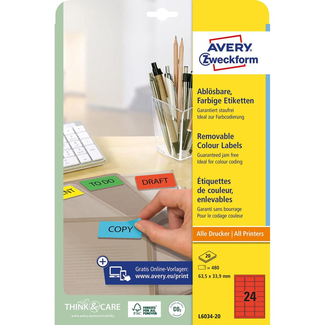 Avery Zweckform -  afneembare gekleurde etiketten ft 63,5 x 33,9 mm (b x h), 480 stuks, 24 per blad, rood