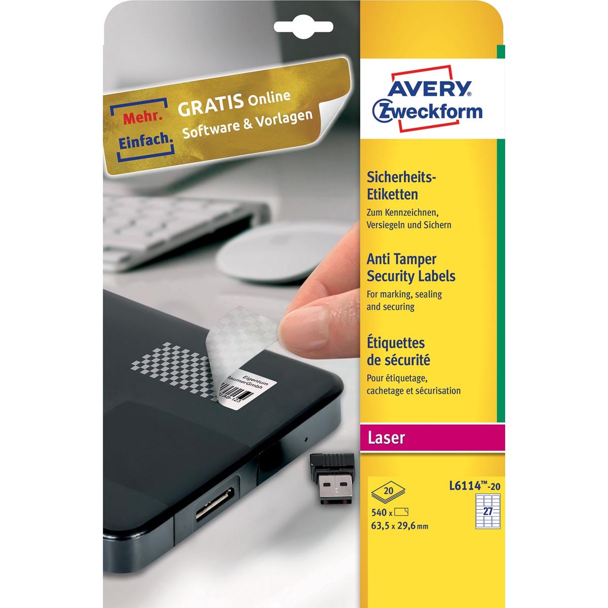 Avery -  bestendige veiligheidsetiketten, ft 63,5 x 29,6 mm, 540 stuks, 27 per vel, doos van 20 vel