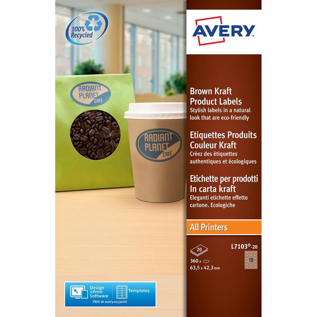 Avery -  L7103-20 productetiketten ft 63,5 x 42,3 mm (b x h), 360 etiketten, kraft, ovaal