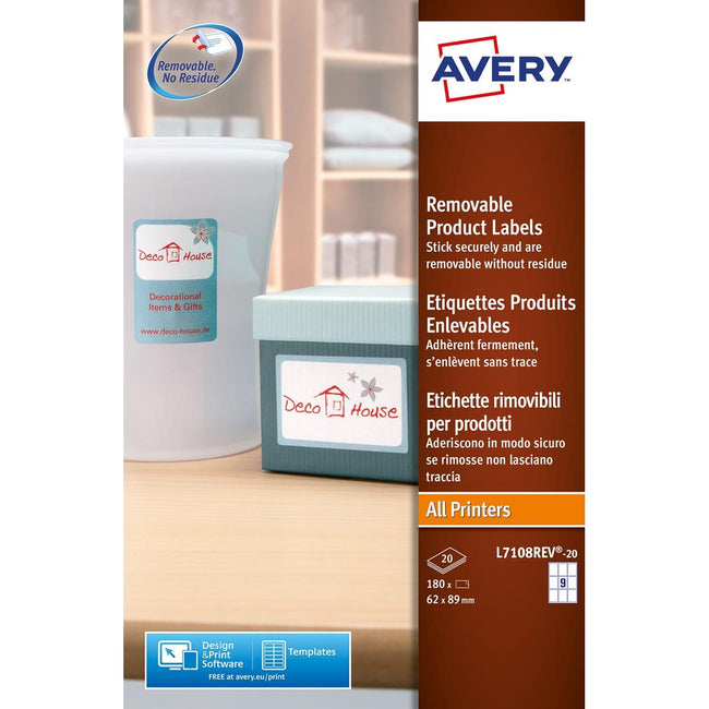 Avery - Afneembare productetiketten ft 62 x 89 mm (b x h), 180 stuks, 9 per blad, doos van 20 blad