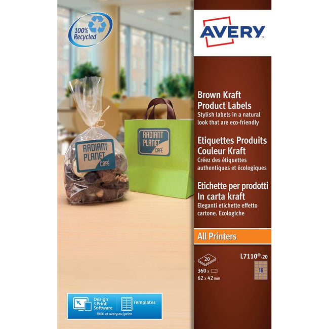 Avery - L7110-20 productetiketten ft 62 x 42 mm (b x h), 360 etiketten, kraft