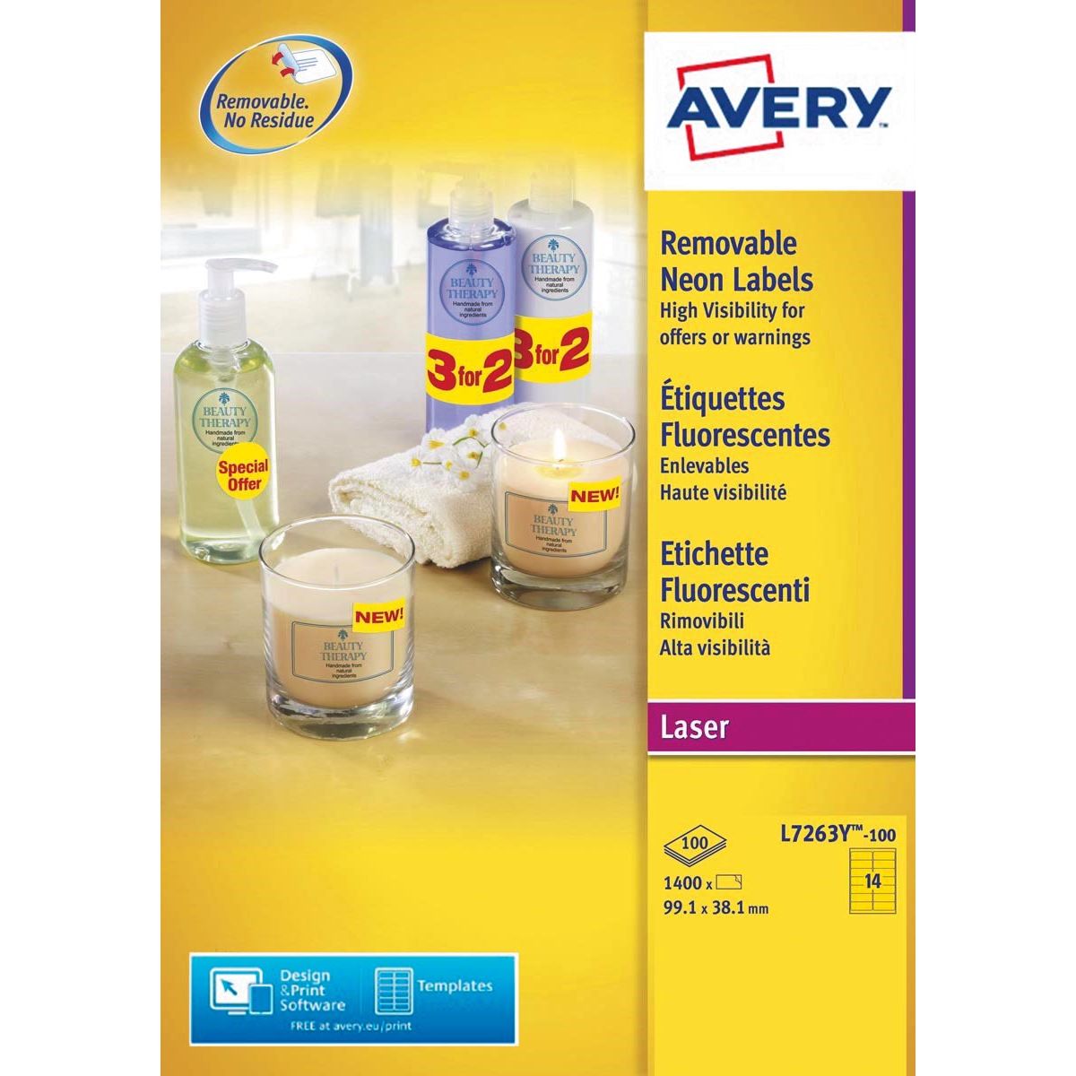 Avery -  afneembare neon etiketten ft 99,1 x 38,1 mm (b x h), doos van 100 blad, 1400 stuks, neongeel