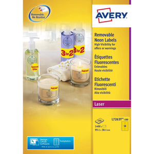 Avery -  afneembare neon etiketten ft 99,1 x 38,1 mm (b x h), doos van 100 blad, 1400 stuks, neongeel
