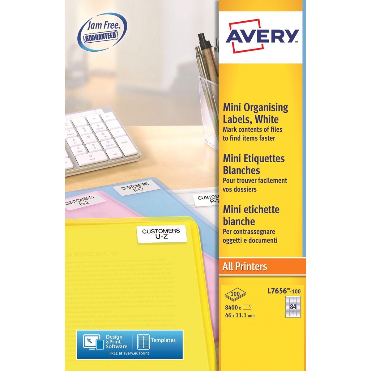Avery -  L7656-100 mini etiketten ft 46 x 11,1 mm (b x h), wit, doos 8400 stuks