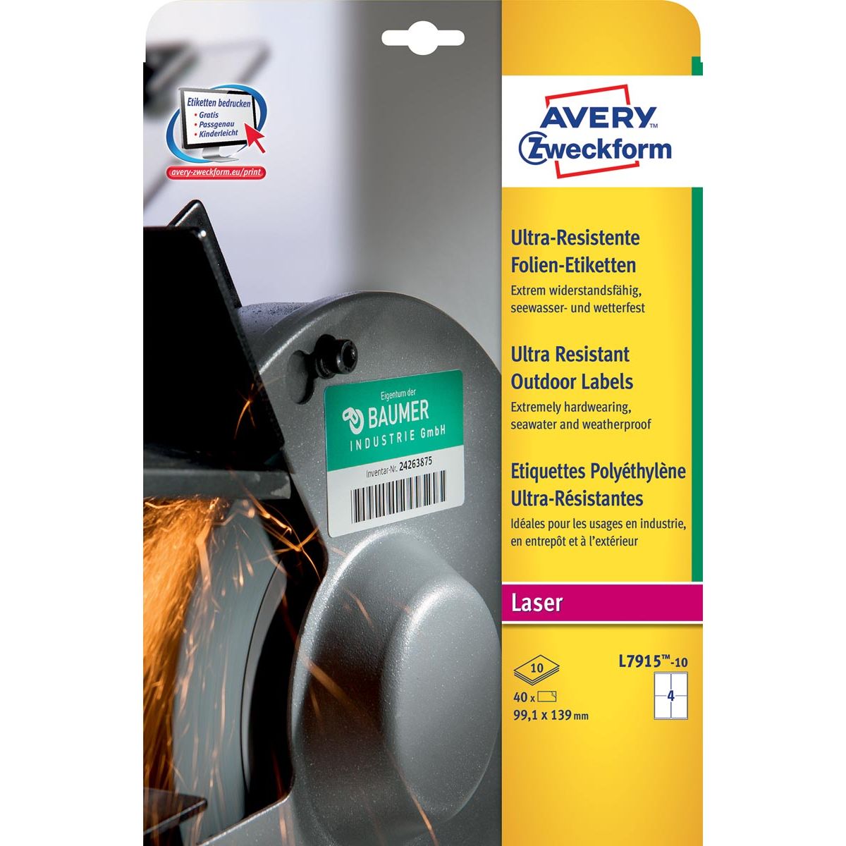 Avery - L7915-10 etichette resistenti alle intemperie ft 99,1 x 139 mm (l x a), 40 etichette, bianco