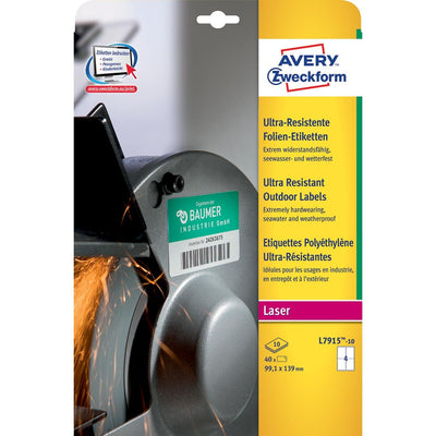 Avery - L7915-10 etichette resistenti alle intemperie ft 99,1 x 139 mm (l x a), 40 etichette, bianco