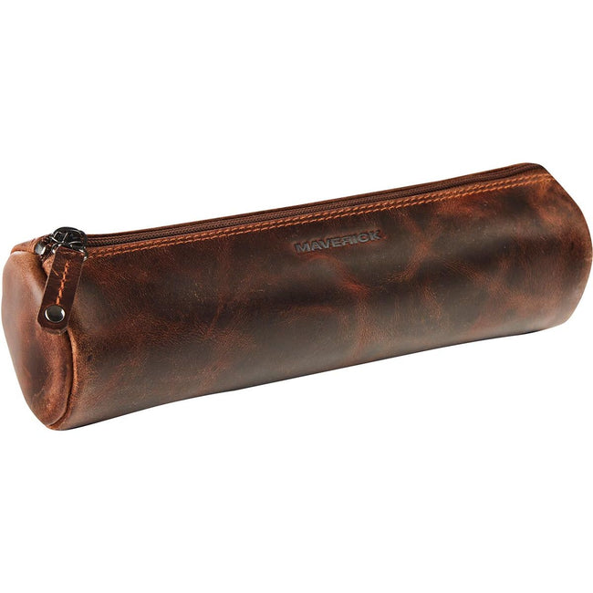 Maverick - leather pencil case, round, large, brown