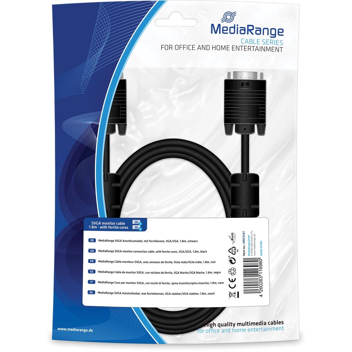 MediaRange - SVGA Connection cable, with ferrite cores, 1.8m