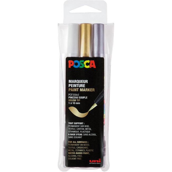 POSCA - Paintmarker PCF -350, Pinselspitze, Étui von 3 Teilen, Assorti (Gold, Silber und Weiß)