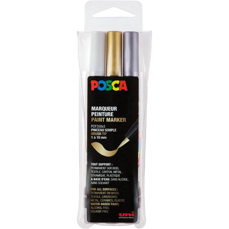 Posca - pennarello PCF-350, punta a pennello, confezione da 3 pezzi, assortiti (oro, argento e bianco)