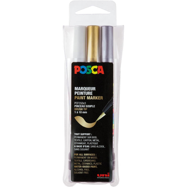 Posca -  paintmarker PCF-350, brush tip, étui van 3 stuks, assorti (goud, zilver en wit)
