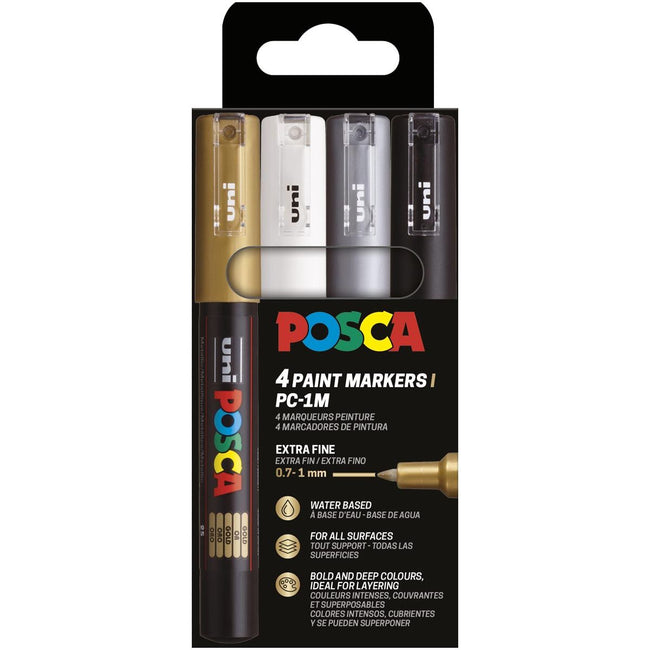 Posca -  Uni  paintmarker PC-1MC, 0,7 1 mm, etui van 4 stuks, goud, zilver, wit en zwart