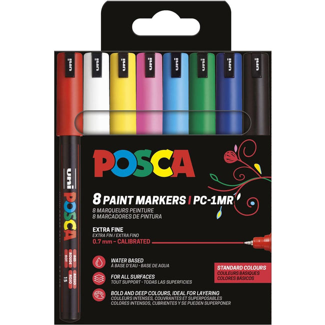 Posca - Uni paint marker PC-1MR, 0.7 mm, case of 8 pieces in assorted basic colors
