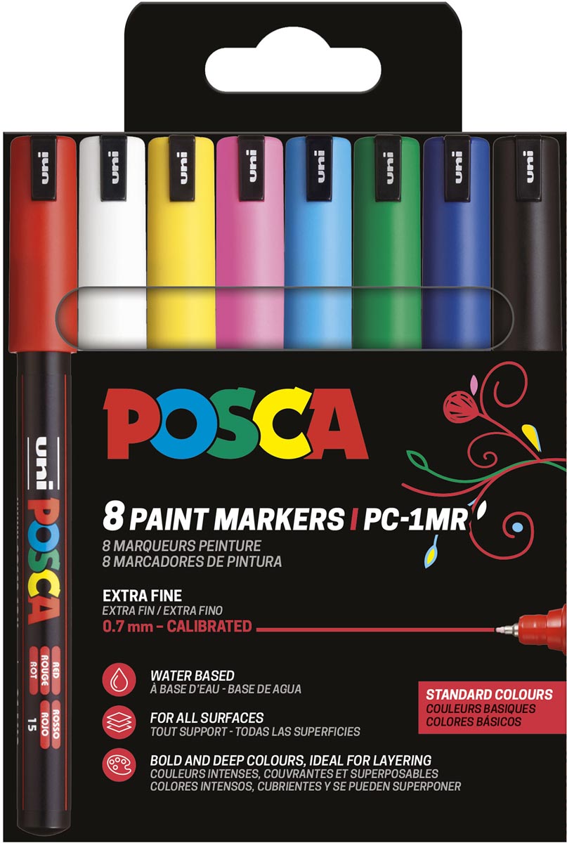 Posca - Marqueur peinture Uni PC-1MR, 0,7 mm, étui de 8 pièces couleurs de base assorties