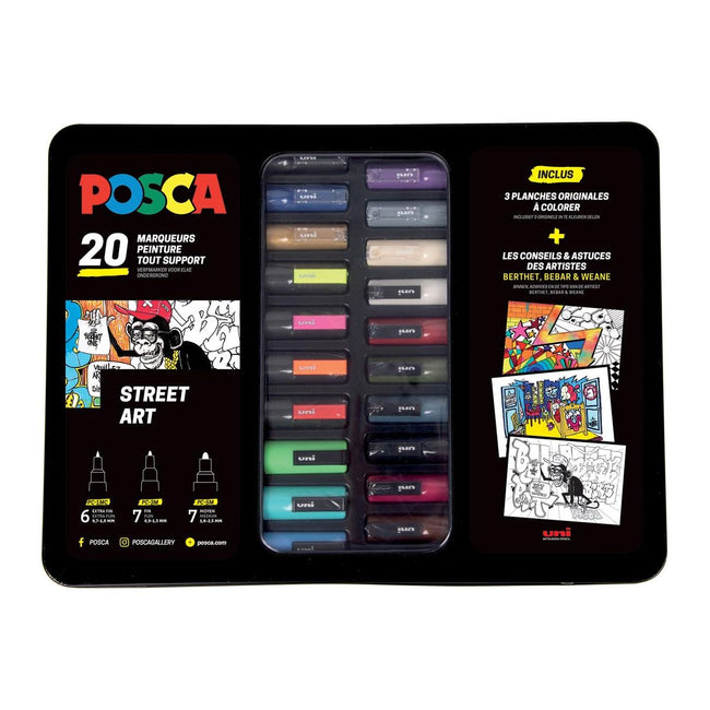 POSCA - Paintmarkers, Metallbox mit 20 Teilen, in verschiedenen Farben, Design Street Art