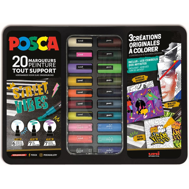 Posca - pennarelli a vernice, scatola di metallo da 20 pezzi, assortiti, design Street Vibes