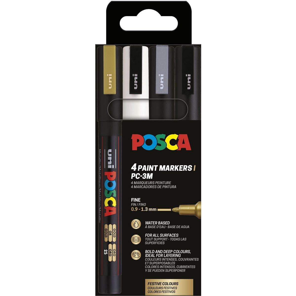 Posca - Marqueur peinture Uni PC-3M, 1,5 mm, étui de 4 pièces en or, blanc, argent et noir
