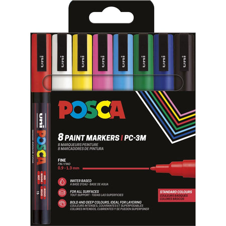 Posca - Marqueur peinture Uni PC-3M, 1,5 mm, étui de 8 pièces couleurs de base assorties