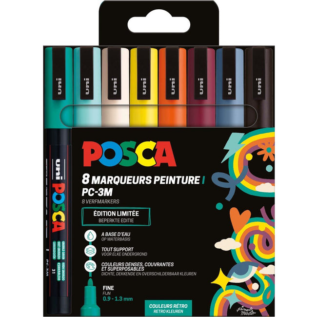 Posca -  Uni  paintmarker PC-3M, 1,5 mm, etui van 8 stuks in geassorteerde Retro kleuren