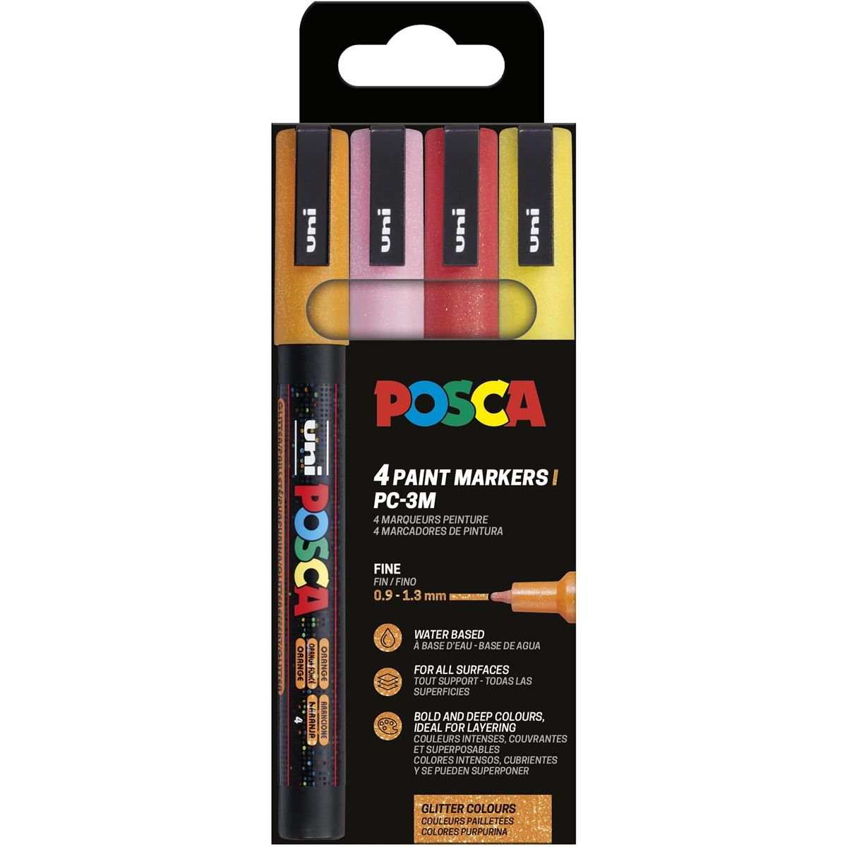 Posca - Pennarello Uni PC-3ML, 1,5 mm, glitter, confezione da 4 pezzi arancione, rosa, rosso e giallo