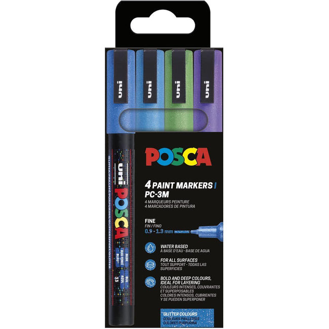 Posca - Uni paint marker PC-3ML, 1.5 mm, glitter, case of 4 pieces dark blue, light blue, green and violet