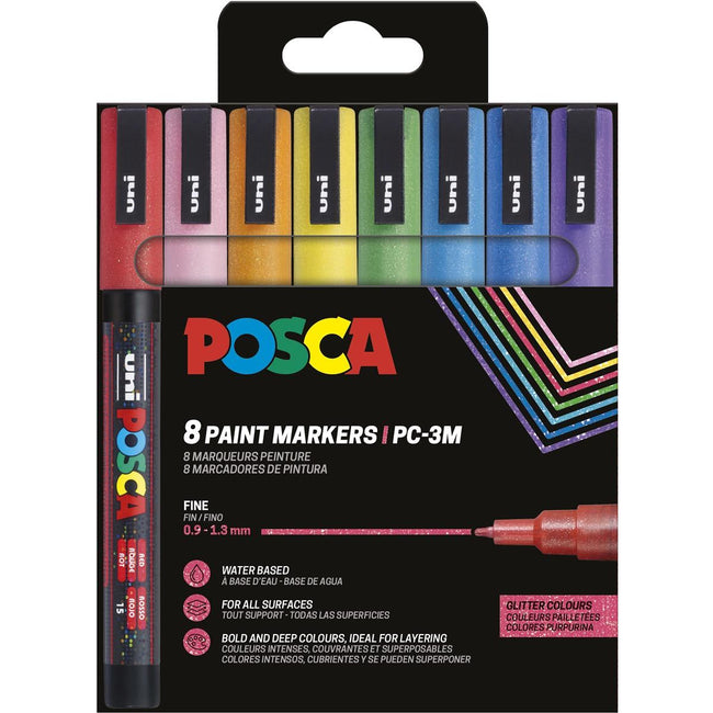 Posca - Uni paint marker PC-3ML, 1.5 mm, glitter, case of 8 pieces in assorted colors