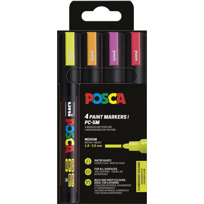 Posca -  Uni  paintmarker PC-5M, 1,8 2,5 mm, etui van 4 stuks in fluo kleuren