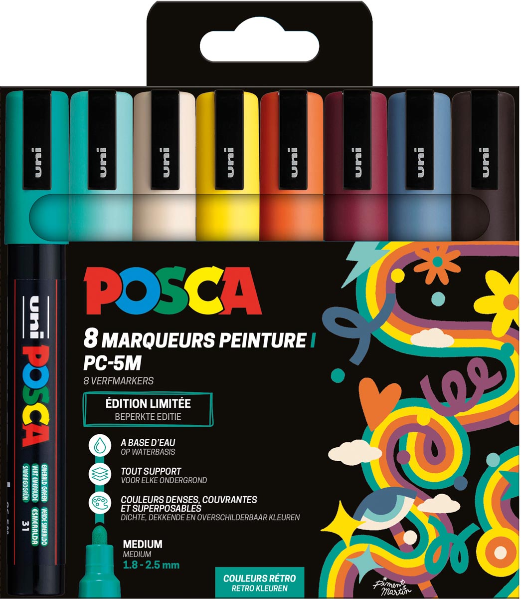 Posca -  Uni  paintmarker PC-5M, 1,8 2,5 mm, etui van 8 stuks in geassorteerde Retro kleuren