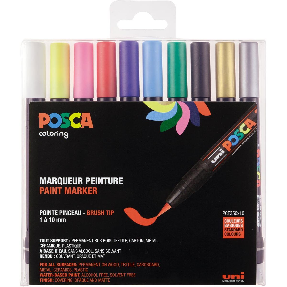 Posca - Marqueur peinture Uni PCF-350, 1 10 mm, étui de 10 couleurs assorties