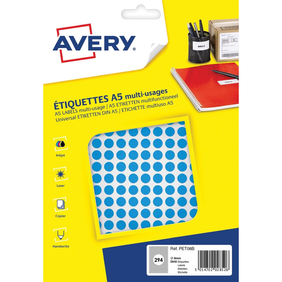 Avery - PET08B ronde markeringsetiketten, diameter 8 mm, blister van 2940 stuks, blauw