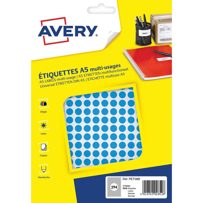 Avery - Pet08b Étiquettes de bourse rondes, diamètre 8 mm, boursoufleur de 2940 pièces, bleu