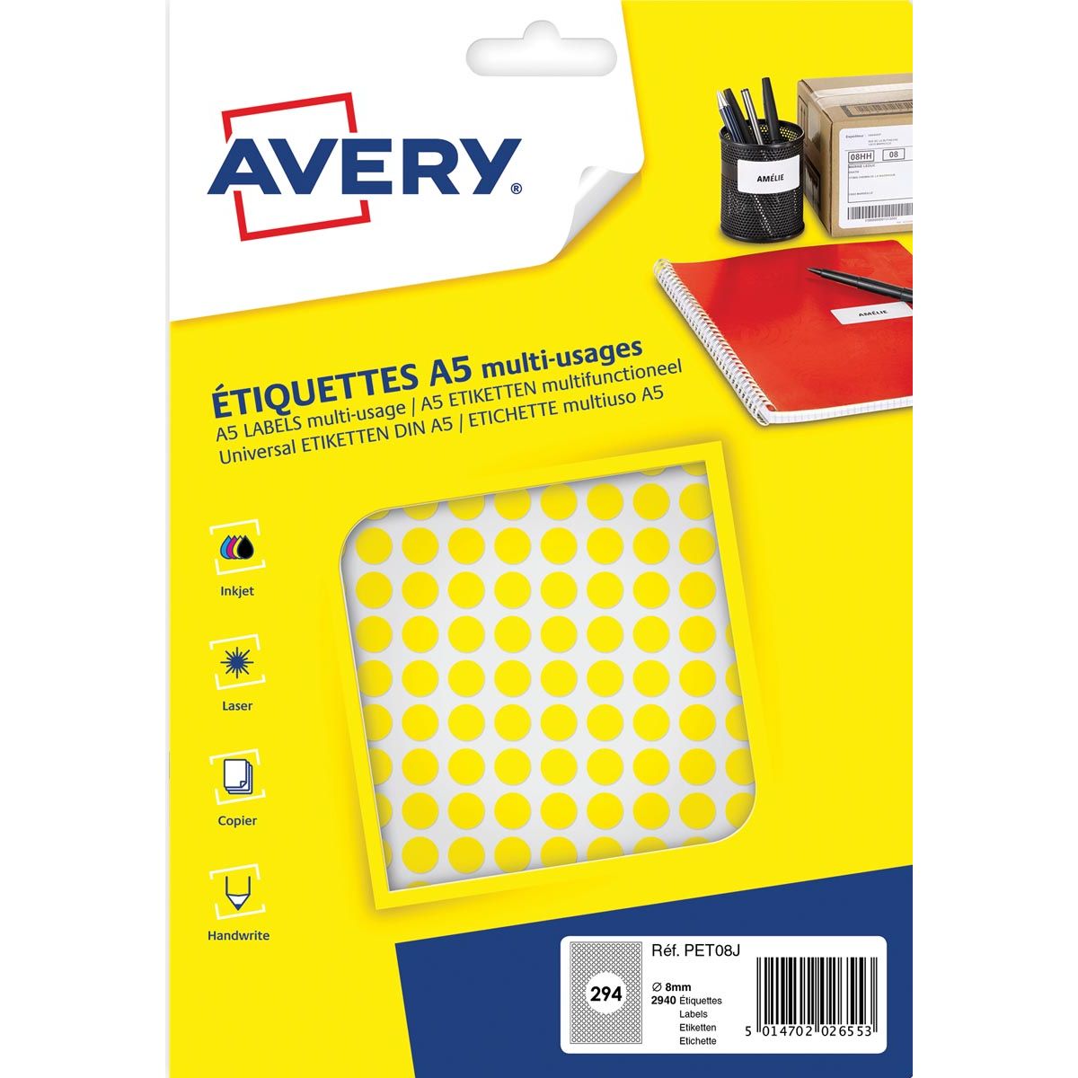 Avery - PET08J ronde markeringsetiketten, diameter 8 mm, blister van 2940 stuks, geel