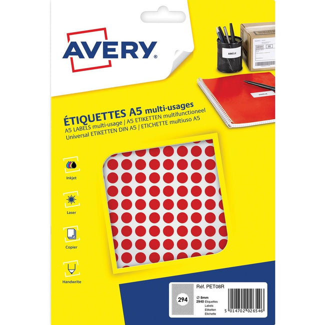 Avery - Etiquetas de marcado redondas PET08R, diámetro 8 mm, blister de 2940 piezas, rojo