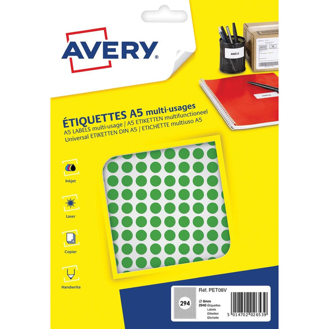 Avery -  PET08V ronde markeringsetiketten, diameter 8 mm, blister van 2940 stuks, groen
