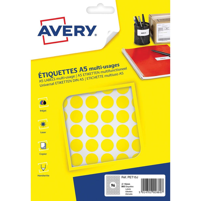 Avery - étiquettes de bourse rondes PET15J, diamètre 15 mm, ampoule de 960 pièces, jaune