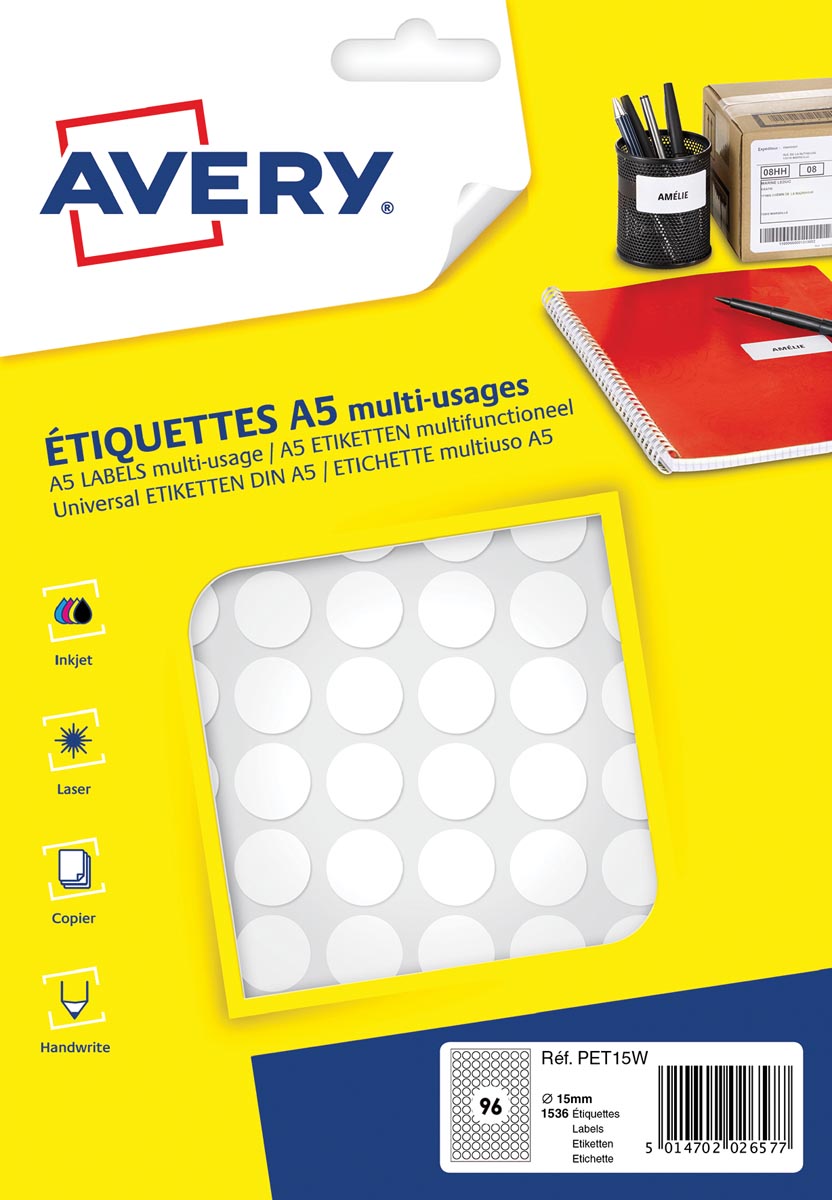 Avery -  PET15W ronde markeringsetiketten, diameter 15 mm, blister van 1536 stuks, wit