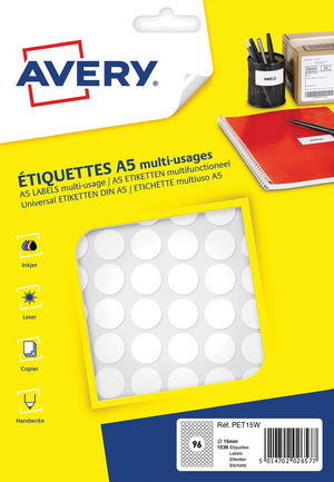 Avery -  PET15W ronde markeringsetiketten, diameter 15 mm, blister van 1536 stuks, wit