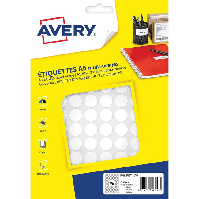 Avery - Etiquetas de marcado redondas PET15W, diámetro 15 mm, blister de 1536 piezas, blanco