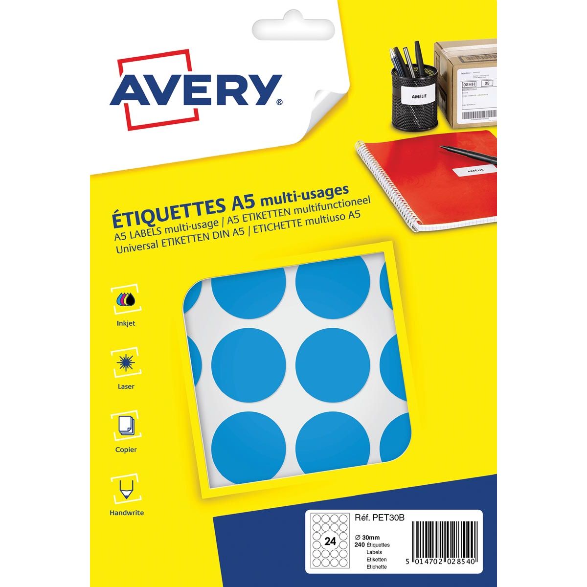 Avery - PET30B ronde markeringsetiketten, diameter 30 mm, blister van 240 stuks, lichtblauw