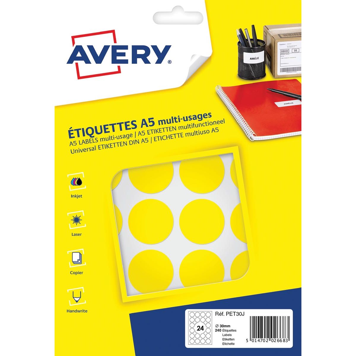 Avery - PET30J round marking labels, diameter 30 mm, blister of 240 pieces, yellow