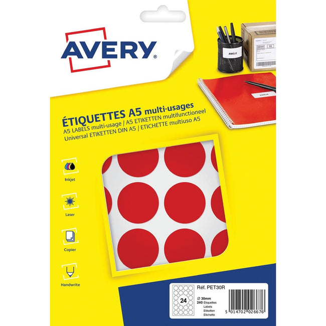 Avery - étiquettes de marquage rondes Pet30r, diamètre 30 mm, ampoule de 240 pièces, rouge