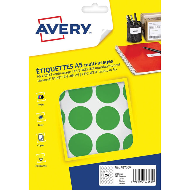 Avery - PET30V ronde markeringsetiketten, diameter 30 mm, blister van 240 stuks, groen