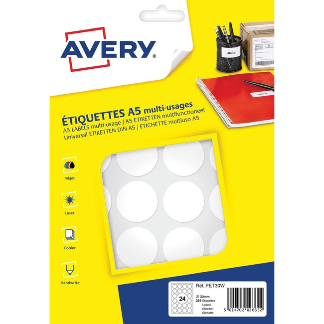 Avery - Etichette di marcatura rotonde PET30W, diametro 30 mm, blister da 384 pezzi, bianco
