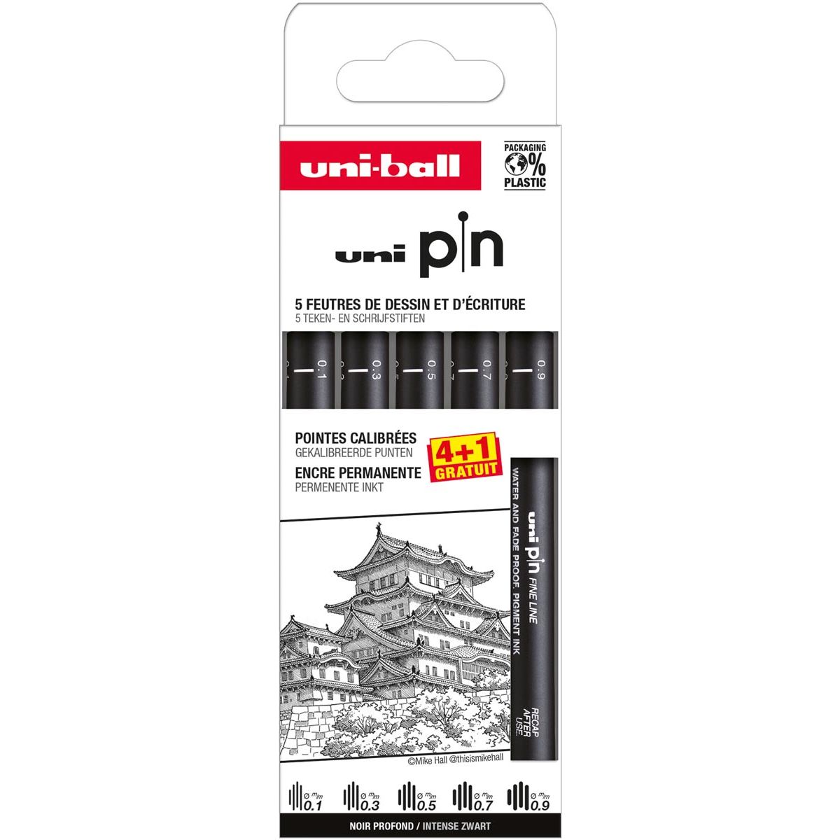 Uni Ball - Feutre fin Uni Pin, pointes calibrées, noir, 0,1-0,3-0,5-0,7-0,9 mm, blister de 4 + 1 offert