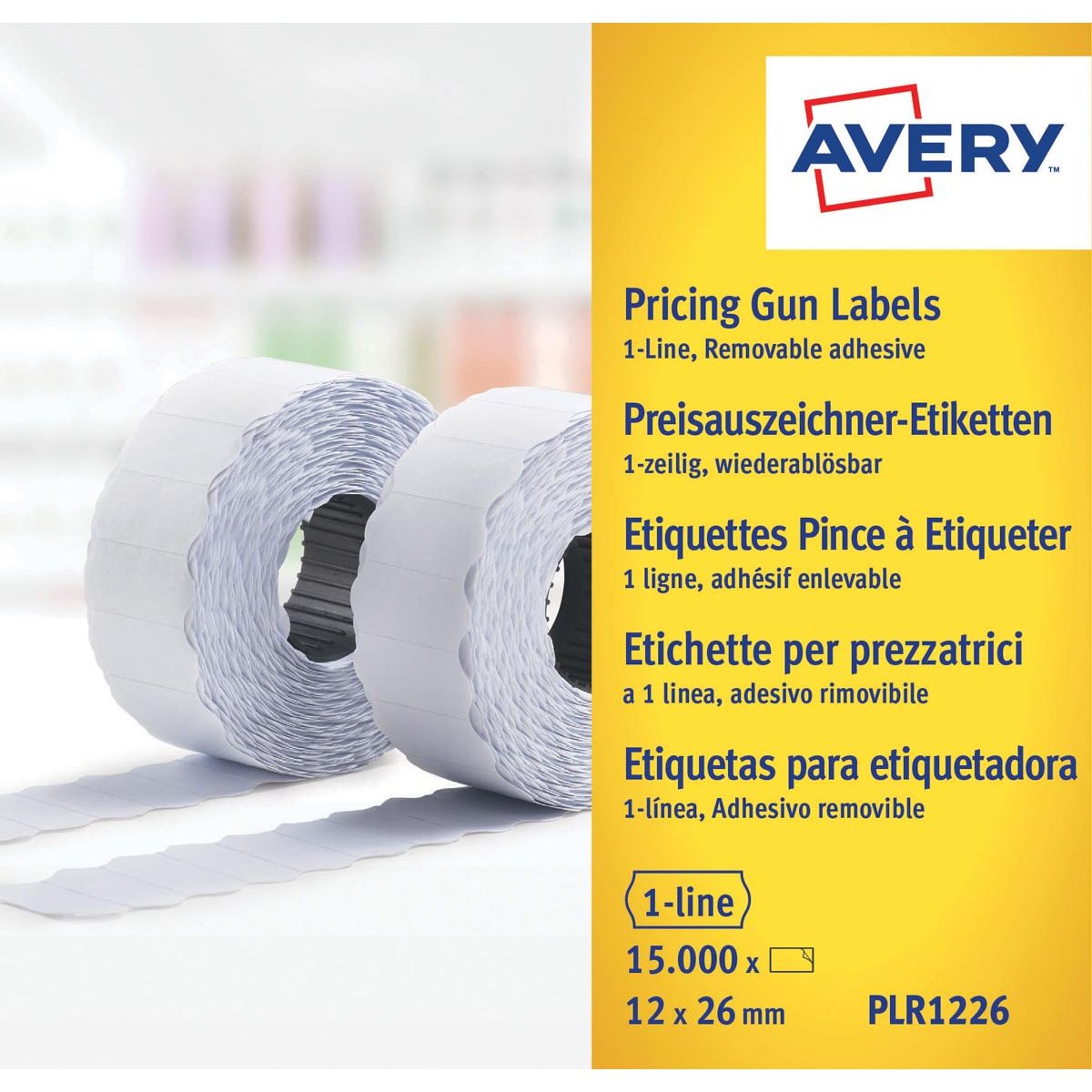 Avery -  PLR1226 etiketten voor prijstang afneembaar, ft 12 x 26 mm, 15 000 etiketten, wit